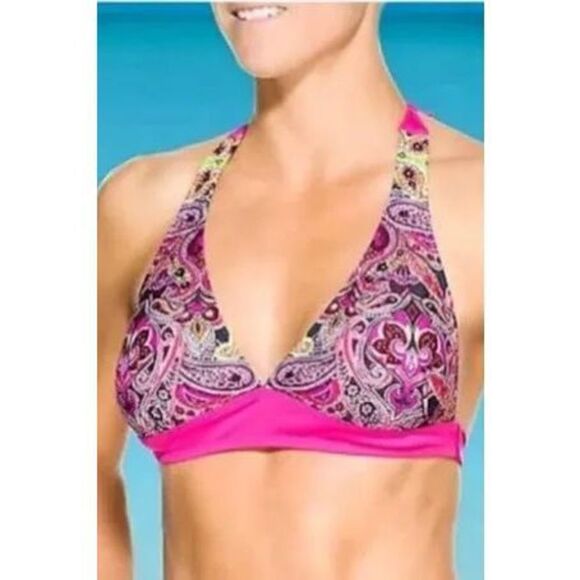 Athleta pink paisley halter neck M tie barbiecore bikini top - Picture 1 of 3
